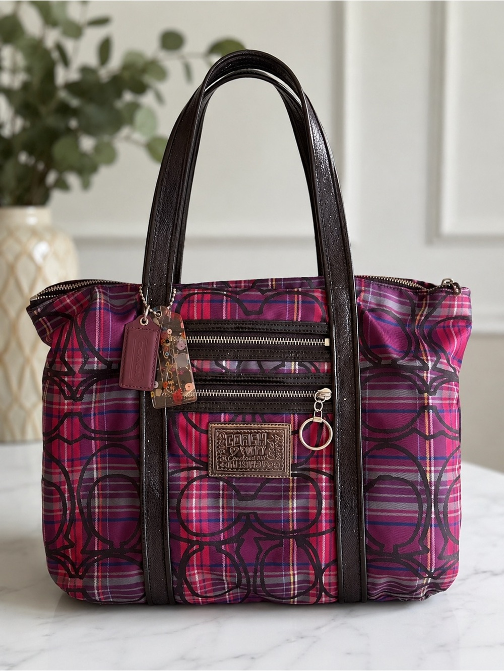 Coach Poppy (2009) Signature Tartan Plaid Tote EUC w/ 2 hangtag & glitter straps